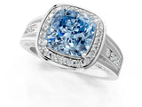 Platinum Fancy Blue Cushion Cut Diamond Halo Ring with Split Shank and Bezel Accents and Prong Setting_13