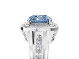 Platinum Fancy Blue Cushion Cut Diamond Halo Ring with Split Shank and Bezel Accents and Prong Setting_17