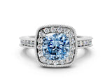 Platinum Fancy Blue Cushion Cut Diamond Milgrain Halo Engagement Ring with Round Pavé Band and Prong Setting_12