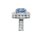 Platinum Fancy Blue Cushion Cut Diamond Milgrain Halo Engagement Ring with Round Pavé Band and Prong Setting_17