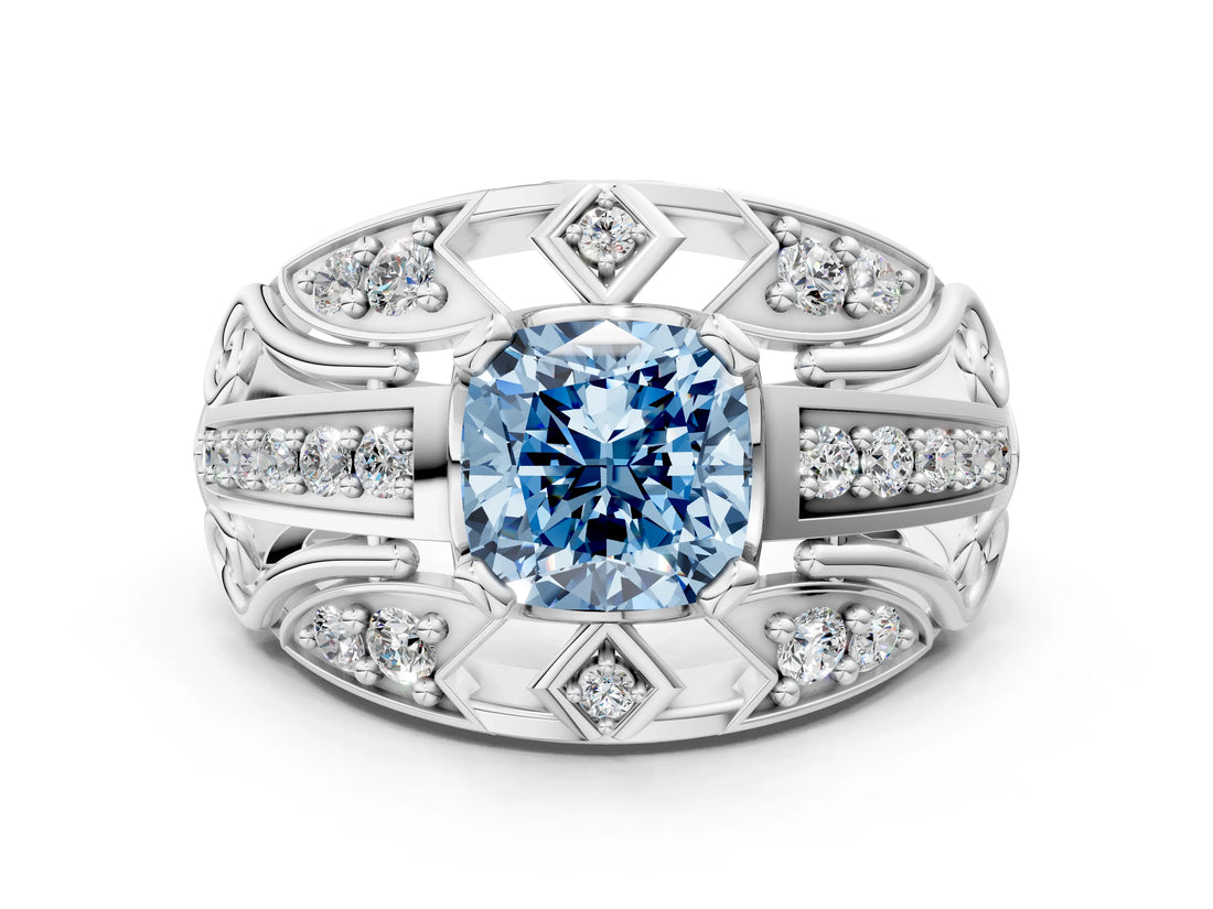 Platinum Fancy Blue Cushion Cut Diamond Pave Art Deco Split Shank Ring with Four-Prong Setting_6