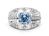 Platinum Fancy Blue Cushion Cut Diamond Pave Art Deco Split Shank Ring with Four-Prong Setting_6