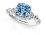Platinum Fancy Blue Cushion Cut Diamond Scattered Round Accent Ring with Prong Setting_1