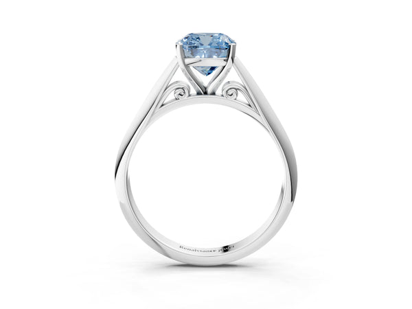 Platinum Fancy Blue Cushion Cut Diamond Solitaire Engagement Ring with Cathedral Setting and Four-Prong Mount
