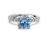 Platinum Fancy Blue Cushion Cut Diamond Solitaire Pavé Engagement Ring with Round Band and Prong Setting_2