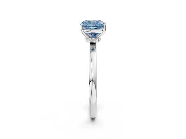 Platinum Fancy Blue Cushion Cut Diamond Solitaire Ring with Classic Band and Four-Prong Setting
