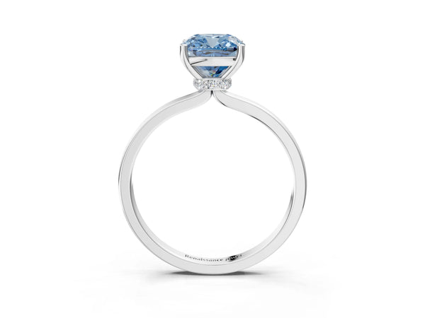 Platinum Fancy Blue Cushion Cut Diamond Solitaire Ring with Classic Band and Four-Prong Setting