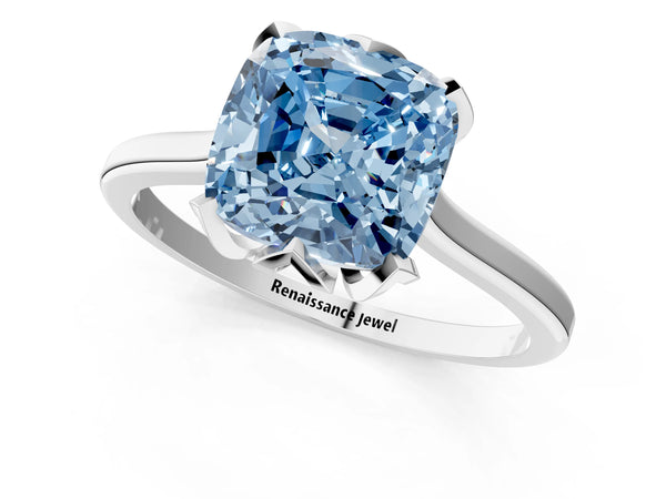 Platinum Cushion Cut Floral Solitaire Engagement Ring Setting for Fancy Blue Center with Plain Band