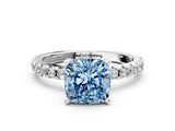 Platinum Fancy Blue Cushion Cut Diamond Solitaire Ring with Round  Pavé Band and Four-Prong Setting_36