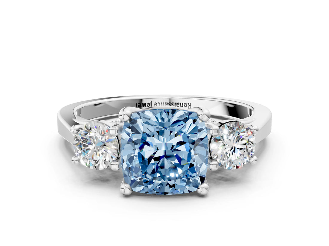 Platinum Fancy Blue Cushion Cut Diamond Three-Stone Engagement Ring with Prong Setting and Pavé Band_36