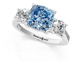 Platinum Fancy Blue Cushion Cut Diamond Three-Stone Engagement Ring with Prong Setting and Pavé Band_37