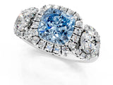 Platinum Fancy Blue Cushion Cut Diamond Three-Stone Halo Ring with Prong Setting and Pavé Accents_13
