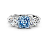 Platinum Fancy Blue Cushion Cut Diamond Three-Stone Ring with Prong Setting and Pavé Band_12