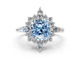 Platinum Fancy Blue Cushion Cut Halo Diamond Cluster Ring with Marquise and Round Stones on a White Gold Band with Prong Setting_12