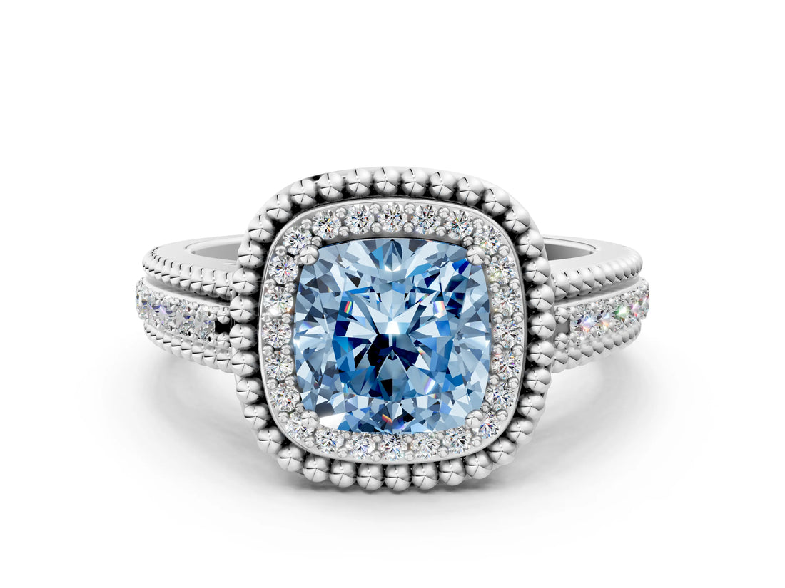 Platinum Fancy Blue Cushion Cut Halo Diamond Ring with Beaded Split Shank and Four-Prong Setting_6