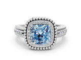 Platinum Fancy Blue Cushion Cut Halo Diamond Ring with Beaded Split Shank and Four-Prong Setting_6