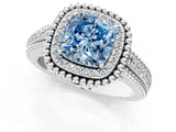 Platinum Fancy Blue Cushion Cut Halo Diamond Ring with Beaded Split Shank and Four-Prong Setting_7