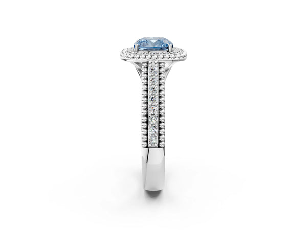 Platinum Cushion Cut Beaded Halo Engagement Ring Setting for Fancy Blue Center with Pave