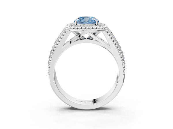 Platinum Cushion Cut Beaded Halo Engagement Ring Setting for Fancy Blue Center with Pave