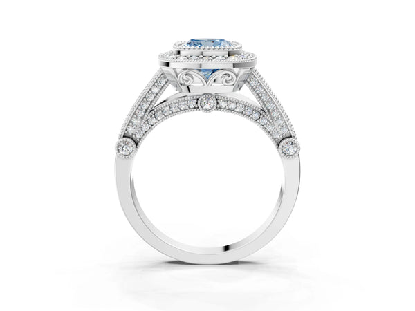 Platinum Cushion Cut Vintage Bezel Halo Engagement Ring Setting for Fancy Blue Center