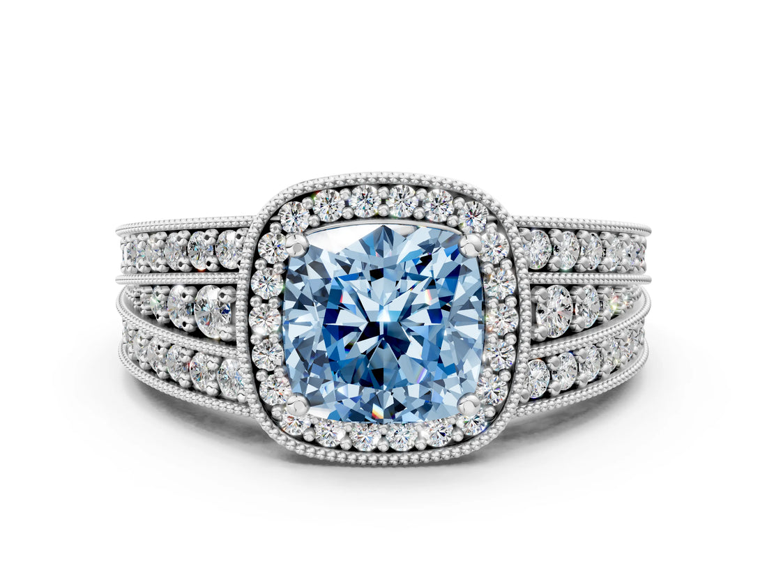 Platinum Fancy Blue Cushion Cut Halo Diamond Split Shank Ring with Prong Setting_12