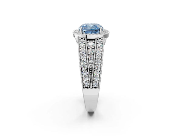 Platinum Fancy Blue Cushion Cut Halo Diamond Split Shank Ring with Prong Setting