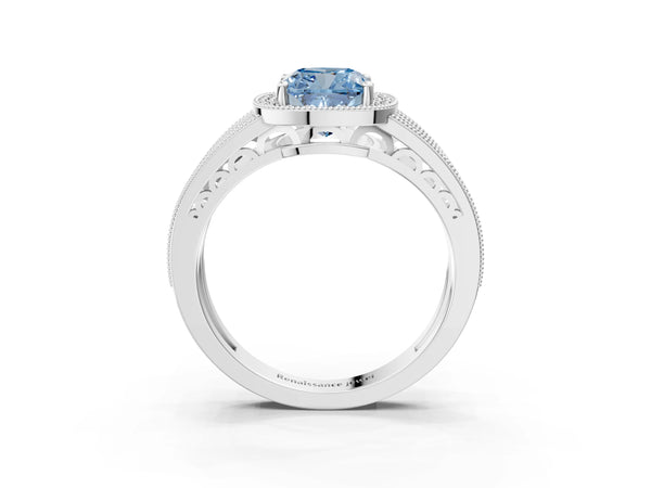 Platinum Fancy Blue Cushion Cut Halo Diamond Split Shank Ring with Prong Setting