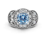 Platinum Fancy Blue Cushion Cut Halo Milgrain Diamond Engagement Ring with Leaf Band and Four-Prong Setting_12