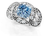 Platinum Fancy Blue Cushion Cut Halo Milgrain Diamond Engagement Ring with Leaf Band and Four-Prong Setting_13
