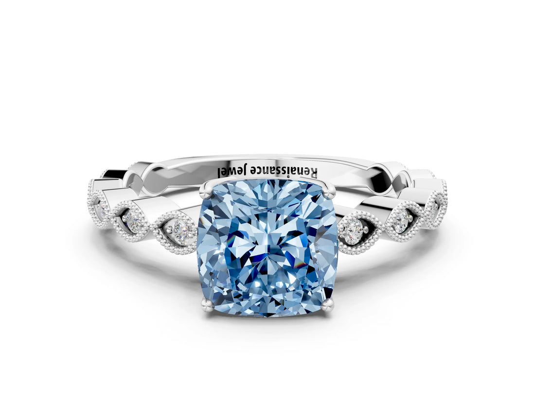 Platinum Fancy Blue Cushion Cut Solitaire Diamond Ring with Infinity Twist Band and Four-Prong Setting_36