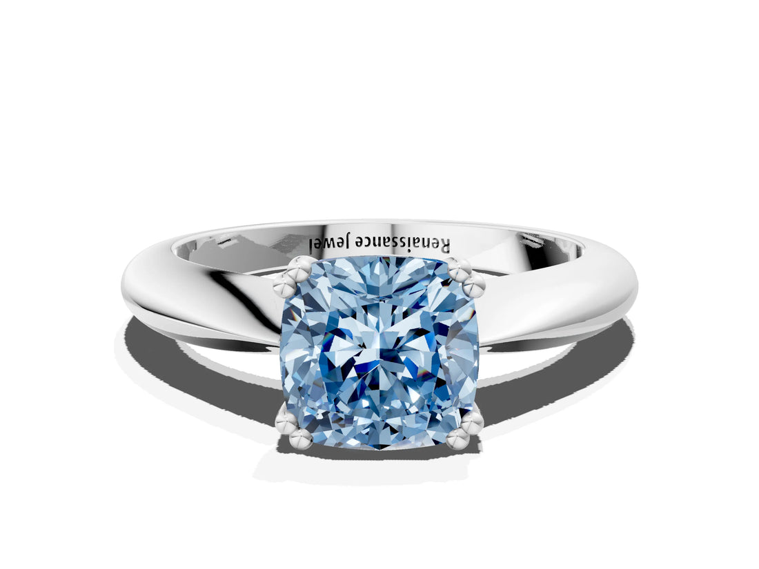Platinum Fancy Blue Cushion  Cut Solitaire Engagement Ring with Tapered Band and Four-Prong Setting 1