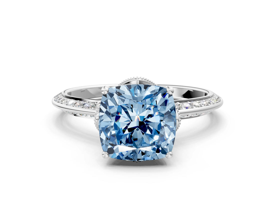 Platinum Fancy Blue Cushion Cut Solitaire Split Shank Pave Diamond Engagement Ring with Four-Prong Setting_60