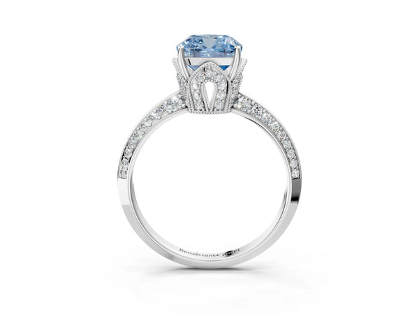 Platinum Cushion Cut Graduated Pave Engagement Ring Setting for Fancy Blue Center