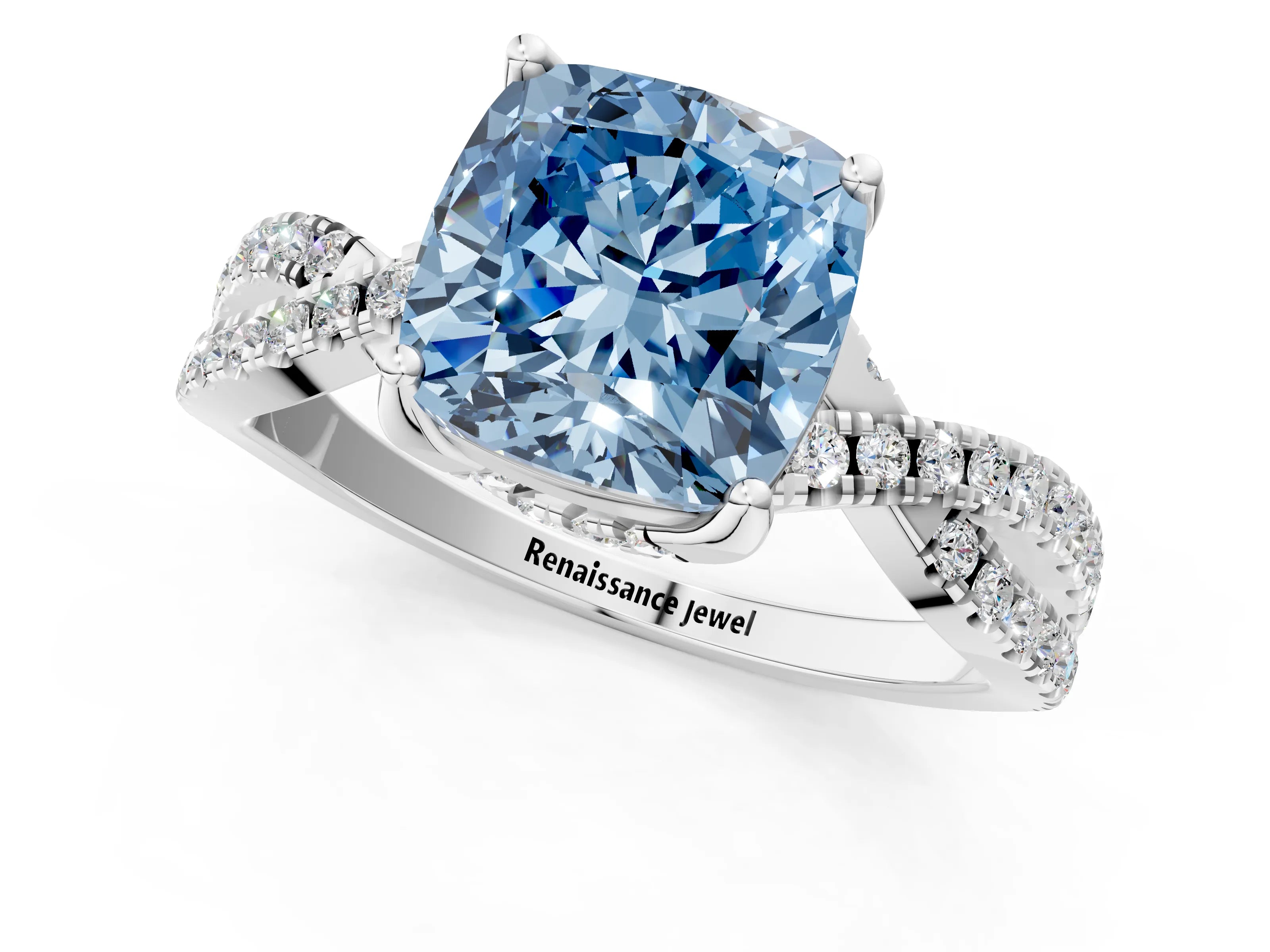 Platinum Fancy Blue Cushion Cut Solitaire Twist Pave Diamond Engagement Ring with Prong Setting_43