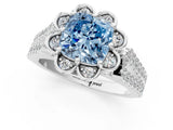 Platinum Fancy Blue Cushion  Halo Diamond Floral Split Shank Engagement Ring 1