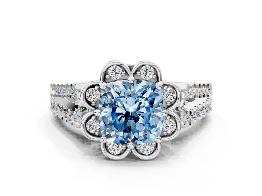 Platinum Fancy Blue Cushion  Halo Diamond Floral Split Shank Engagement Ring