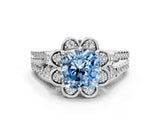 Platinum Fancy Blue Cushion  Halo Diamond Floral Split Shank Engagement Ring