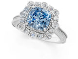 Platinum Fancy Blue Cushion  Halo Milgrain Pave Diamond Ring with Four-Prong Setting 3