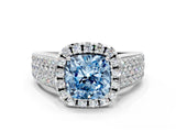 Platinum Fancy Blue Cushion  Halo Round Diamond Pave Band with Prong Setting