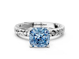 Platinum Fancy Blue Cushion  Solitaire Diamond Engagement Ring with XO Engraved Band and Four-Prong Setting