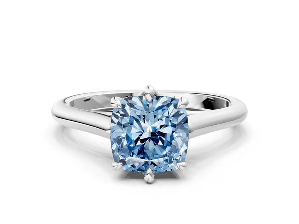 Platinum Fancy Blue Cushion  Solitaire Engagement Ring with Six-Prong Setting and Classic Band