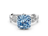 Platinum Fancy Blue Cushion  Solitaire Twist Band with Leaf Prong Setting 1