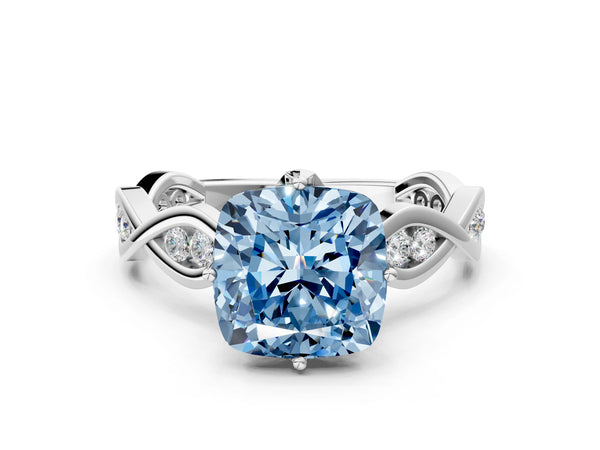 Platinum Fancy Blue Cushion  Solitaire Twist Band with Leaf Prong Setting