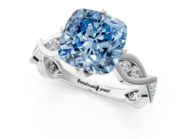 Platinum Fancy Blue Cushion  Solitaire Twist Band with Leaf Prong Setting