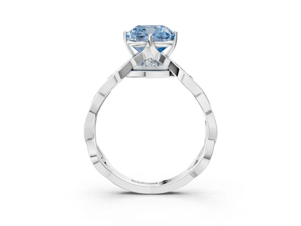 Platinum Fancy Blue Cushion  Solitaire Twist Band with Leaf Prong Setting
