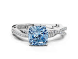 Platinum Fancy Blue Cushion  Solitaire Twisted Pave Diamond Ring with Four-Prong Setting