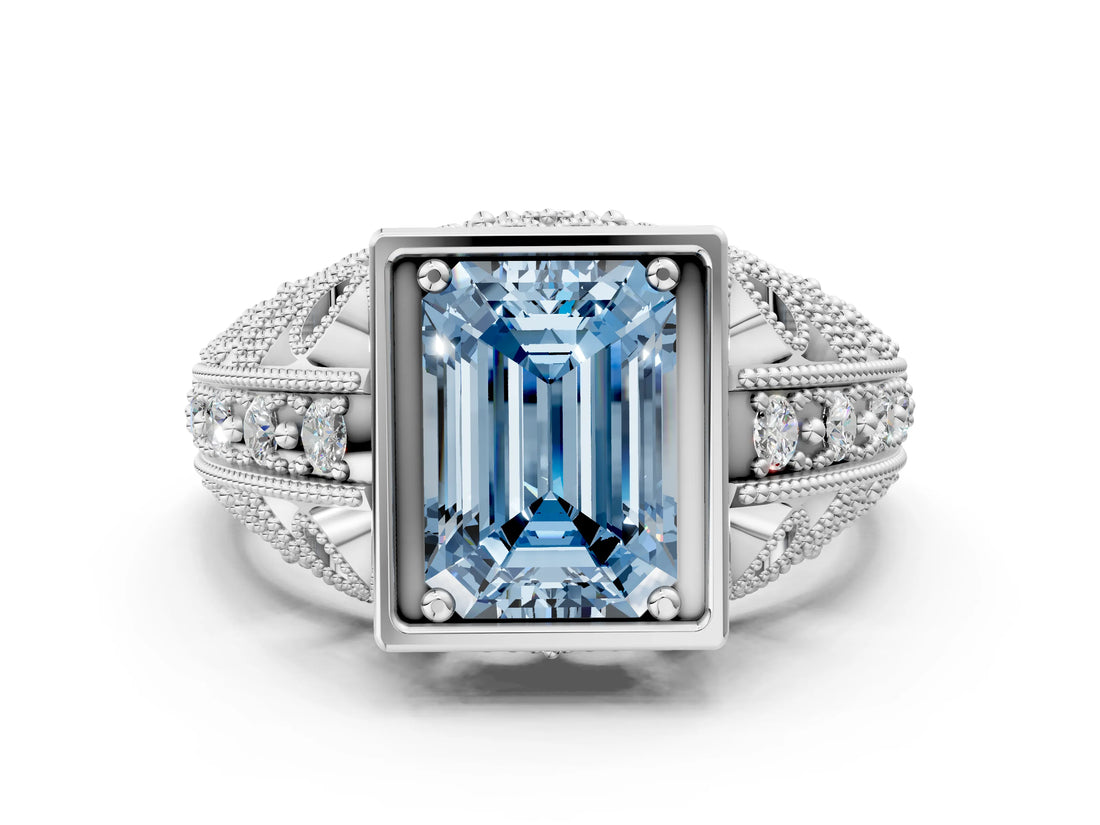Platinum Fancy Blue Emerald Cut Brilliant Milgrain Filigree Diamond Ring with Square Prong Setting_12