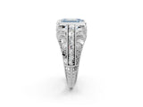 Platinum Fancy Blue Emerald Cut Brilliant Milgrain Filigree Diamond Ring with Square Prong Setting_14