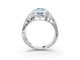 Platinum Fancy Blue Emerald Cut Brilliant Milgrain Filigree Diamond Ring with Square Prong Setting_15