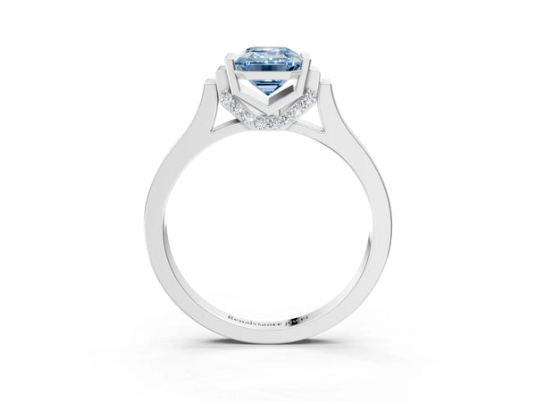 Platinum Fancy Blue Emerald Cut Brilliant Solitaire Diamond Ring with Channel Set Band and Bar Prong Setting